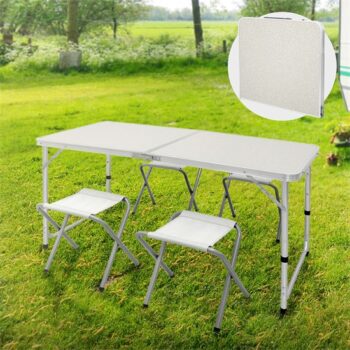 Campingtisch Set mit 4 Hocker 120 cm Weiß aus Aluminium und MDF