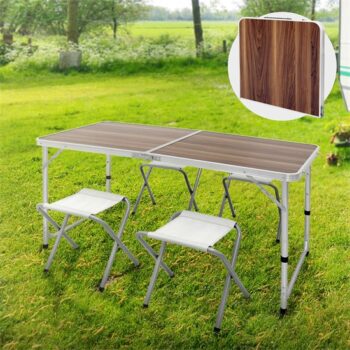 Campingtisch Set mit 4 Höcker 120 cm Braun aus Aluminium und MDF