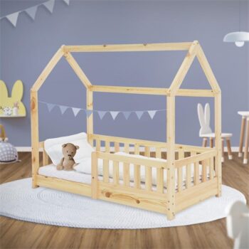 Kinderbett Hausbett 140x70 cm aus Kiefernholz mit Rausfallschutz Dach und Lattenrost Holzbett ML-Design