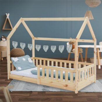 Kinderbett Hausbett 80x160 cm aus Kiefernholz mit Rausfallschutz Dach und Lattenrost Holzbett ML-Design