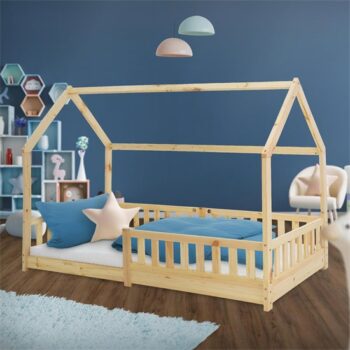 Kinderbett Hausbett 90x200 cm aus Kiefernholz mit Rausfallschutz Dach und Lattenrost Holzbett ML-Design