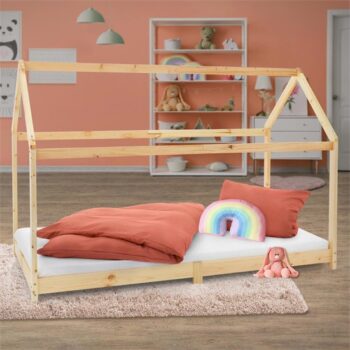 Kinderbett Hausbett 90x200 cm aus Kiefernholz Holzbett mit Dach und Lattenrost ML-Design