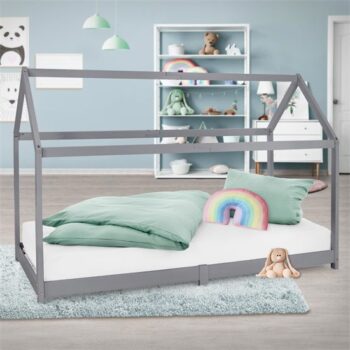 Kinderbett Hausbett 90x200 cm Hellgrau aus Kiefernholz Holzbett mit Dach und Lattenrost ML-Design