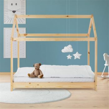 Kinderbett Hausbett 70x140 cm aus Kiefernholz Holzbett mit Dach und Lattenrost ML-Design