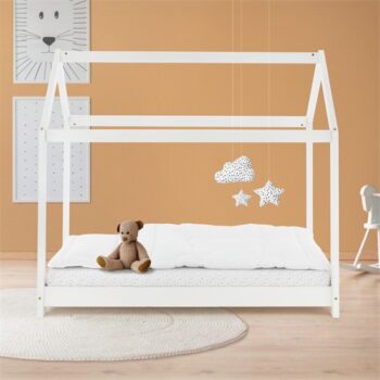 Kinderbett Hausbett 70x140 cm Weiß aus Kiefernholz Holzbett mit Dach und Lattenrost ML-Design