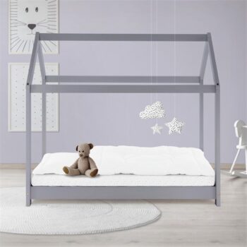 Kinderbett Hausbett 70x140 cm Hellgrau aus Kiefernholz Holzbett mit Dach und Lattenrost ML-Design