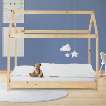 Kinderbett Hausbett 80x160 cm aus Kiefernholz Holzbett mit Dach und Lattenrost ML-Design