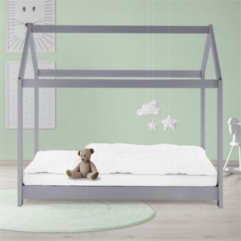 Kinderbett Hausbett 80x160 cm Hellgrau aus Kiefernholz Holzbett mit Dach und Lattenrost ML-Design