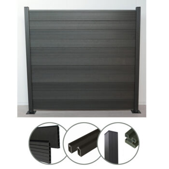 Komplettset WPC Zaun Sichtschutz Steckzaun (Höhe 185 cm/Breite 180 cm) mit Pfosten (2400 mm) zum Einbetonieren anthrazit (Serie WoodoTexel) (8 x Zaun + 9 Pfosten)