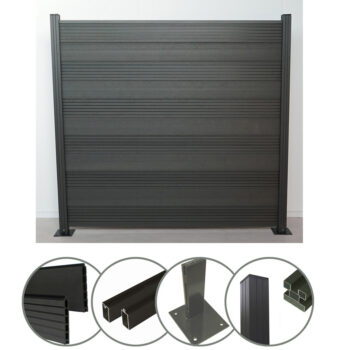 Komplettset WPC Zaun Steckzaun Sichtschutz (Höhe 185 cm/Breite 180 cm) mit Pfosten (1950 mm) zum Aufdübeln anthrazit (Serie WoodoTexel) (10 x Zaun + 11 Pfosten + 11 Pfostenträger)