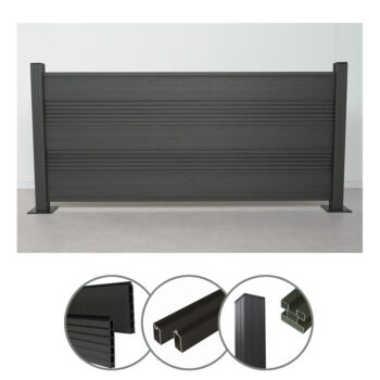 WPC Komplettset Zaun Steckzaun Gartenzaun 95 cm (Höhe) x 180 cm (Breite) mit Pfosten (1400 mm) zum Einbetonieren anthrazit (Serie WoodoTexel) (8 x Zaun + 9 Pfosten)